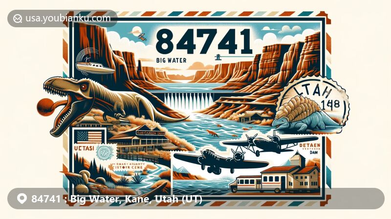Stylish illustration of Big Water, Kane County, Utah, featuring Lake Powell, Glen Canyon Dam, and elements from the dinosaur museum, embodying postal theme with ZIP code 84741 and vintage exploration motifs.
