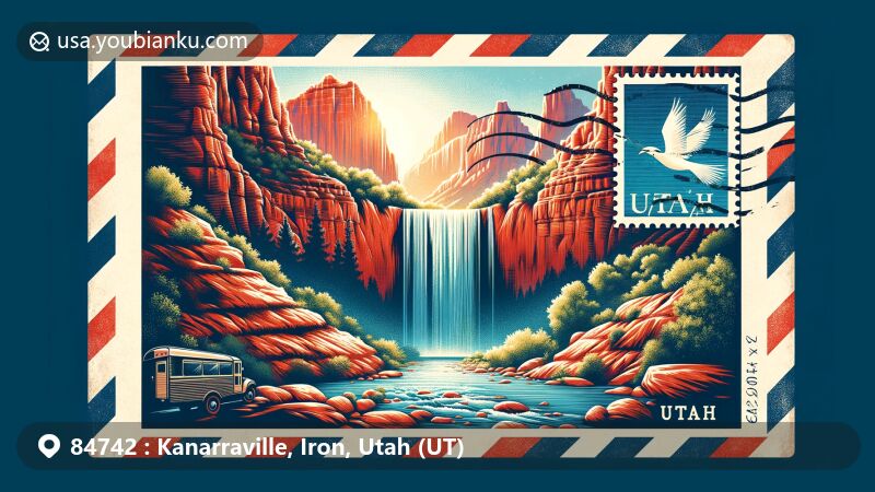 Modern illustration of Kanarraville Falls, Iron County, Utah, featuring iconic red rock cliffs and cascading waterfalls, with subtle inclusion of Utah state flag and vintage air mail envelope highlighting ZIP code 84742.