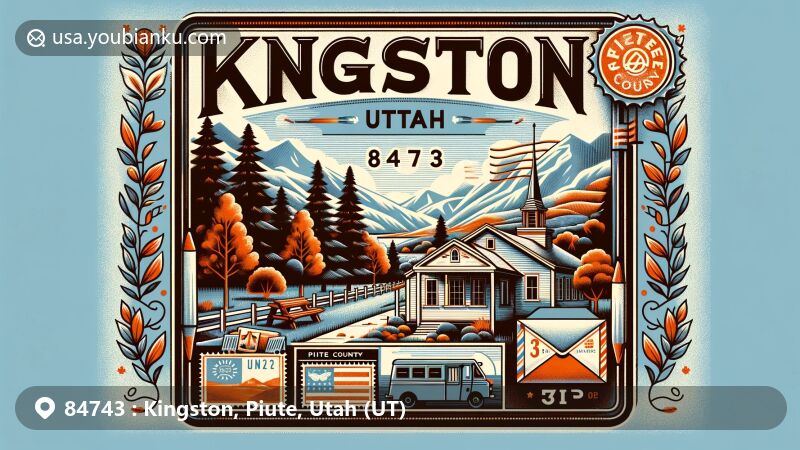 Modern illustration of Kingston, Piute County, Utah, featuring the beautiful natural landscapes, small town charm, and postal elements like air mail envelope, vintage stamp, and ZIP code 84743.