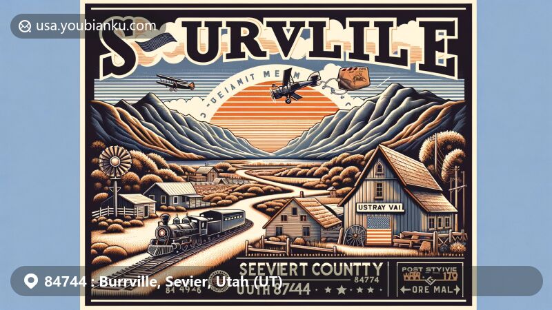 Modern illustration of Burrville, Sevier County, Utah, showcasing postal theme with ZIP code 84744, featuring Fremont Indian State Park and local landmarks.