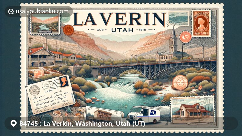Modern illustration of La Verkin, Utah, highlighting Virgin River and Pah Tempe Hot Springs, featuring 1908 pony-truss bridge, postal symbols, and ZIP code 84745.