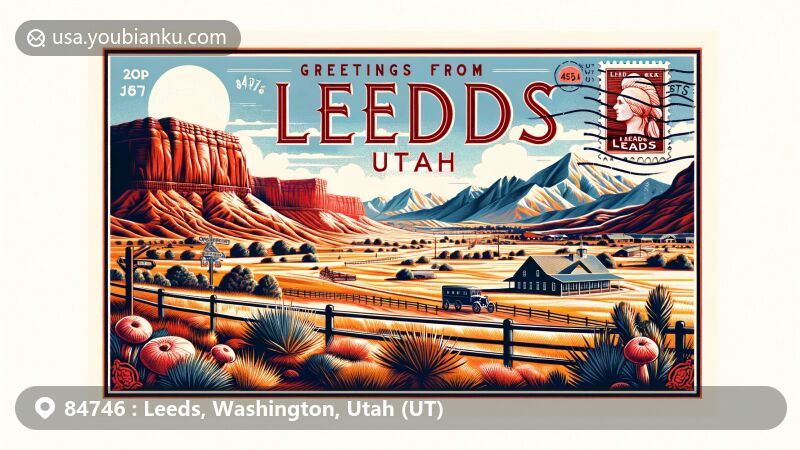 Modern illustration of Leeds, Washington County, Utah, featuring Red Cliffs Desert Reserve's red cliffs, historic Silver Reef area, and Pine Valley Mountains, designed as a retro postcard with 'Greetings from Leeds, Utah, 84746' at the top and a vintage stamp showcasing the Utah state flag and '84746 Leeds, UT' postal mark.