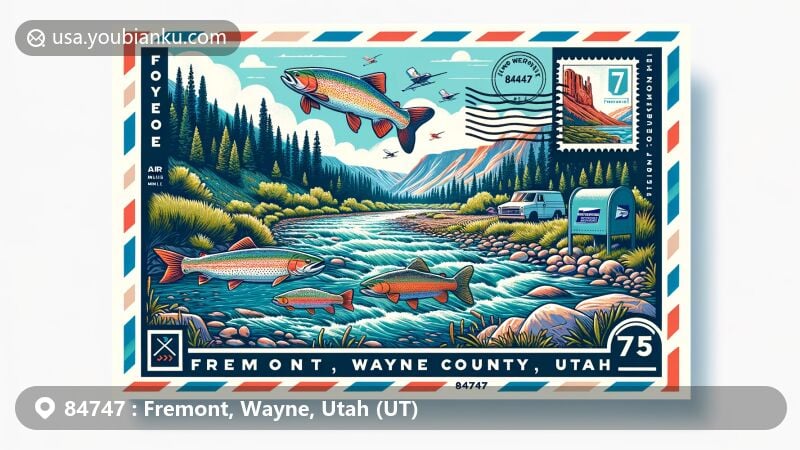 Modern illustration of Fremont, Wayne County, Utah, showcasing postal theme with ZIP code 84747, featuring Fremont River, Fishlake National Forest, rainbow trout, Colorado Plateau colors, stamp, postmark, and postal elements.