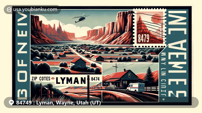 Modern illustration of Lyman, Wayne County, Utah, capturing charm of State Route 24 with ZIP code 84749, featuring red rock formations, deserts, and Utah state symbols.