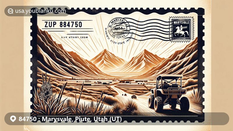 Modern illustration of Marysvale area in Utah, featuring Paiute ATV Trails, Utah state flag, ZIP code 84750, Tushar Mountains, and gold mining heritage.