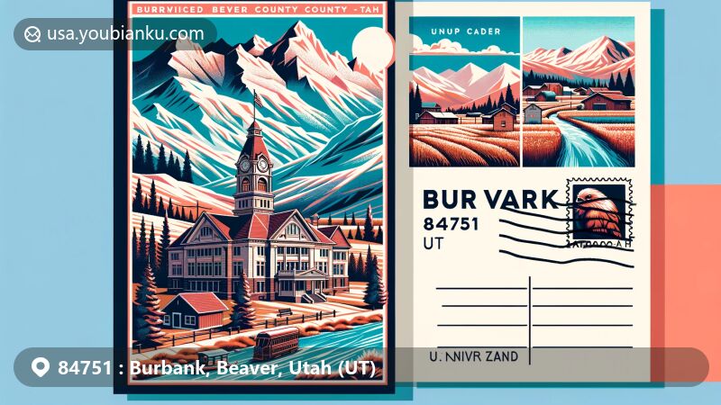 Modern illustration of Burbank and Beaver in Utah, featuring Tushar Mountains, Beaver County Courthouse, outdoor activities, Burbank's farming scene, and postal theme with ZIP code 84751.
