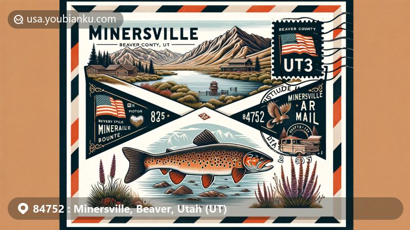 Modern illustration of Minersville, Beaver County, Utah, showcasing postal theme with ZIP code 84752, highlighting scenic views of foothills, Black Mountains, Mineral Mountains, and Minersville Reservoir with trophy-sized trout. Includes symbols like trout and sagebrush.