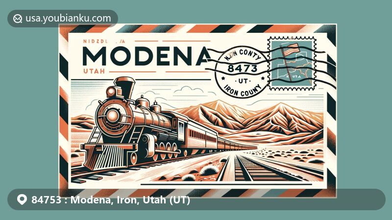 Modern illustration of Modena, Iron County, Utah, featuring air mail envelope with half-open design revealing vintage postcard of desert landscape and railroad town history, integrated with Iron County outline and Utah state flag stamp.