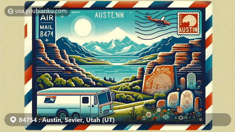 Modern illustration of Austin, Sevier County, Utah, highlighting ZIP code 84754, showcasing High Plateau landscape with Pahvant Range, Tushars, and Fish Lake, integrated with postal elements.