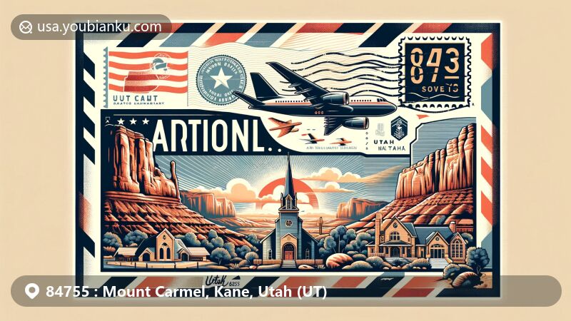 Modern illustration of Mount Carmel, Utah, highlighting postal theme with vintage air mail envelope, featuring Zion National Park, Coral Pink Sand Dunes State Park, and Historic Rock Church, integrating Utah state elements and ZIP code 84755.