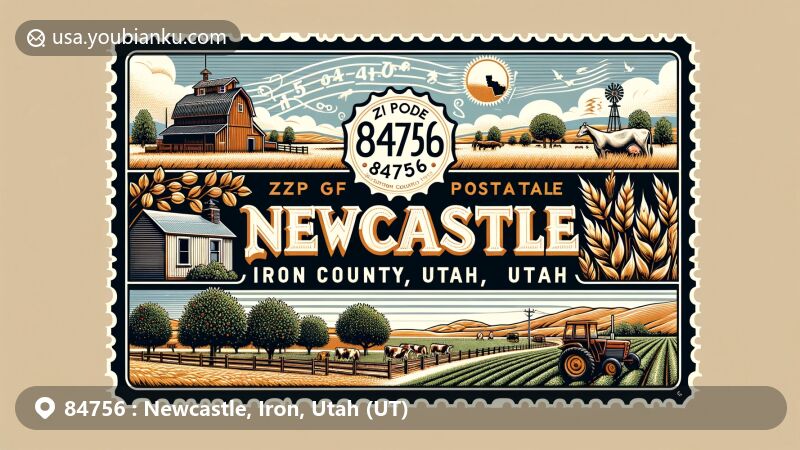 Modern illustration of Newcastle, Iron County, Utah, depicting postal theme with ZIP code 84756, showcasing agricultural life with dairy farms, orchards, and fields, against a backdrop of semi-arid landscapes.