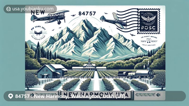 Modern illustration of New Harmony, Washington County, Utah, highlighting Pine Valley Mountain, Bumblebee Range, and Kolob Canyon, surrounded by natural beauty, incorporating vintage postcard design and aviation-themed envelope, featuring Fort Harmony, apple orchards, and ZIP code 84757.