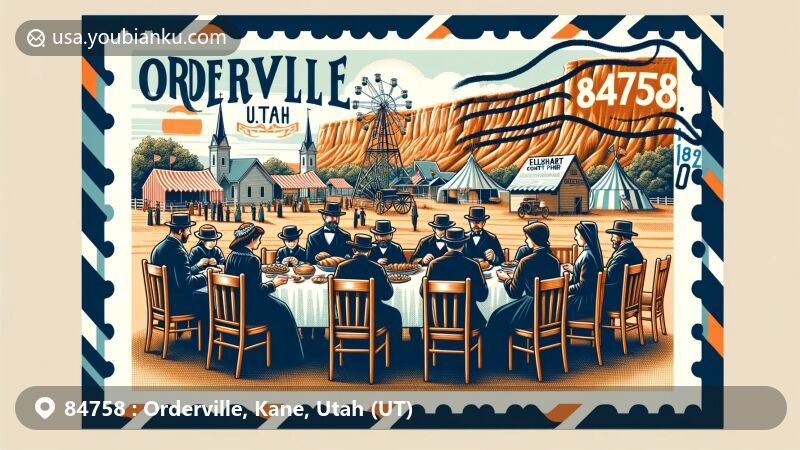 Modern illustration of Orderville, Utah, for ZIP code 84758, featuring Elkhart Cliffs, historical communal dining scene, and Kane County Fair elements.