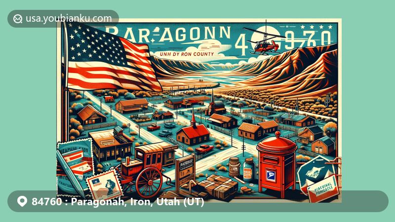 Modern illustration of Paragonah, Iron County, Utah, representing ZIP code 84760, featuring aerial view and small-town charm near Red Creek, with historical settlement roots and Utah state flag.
