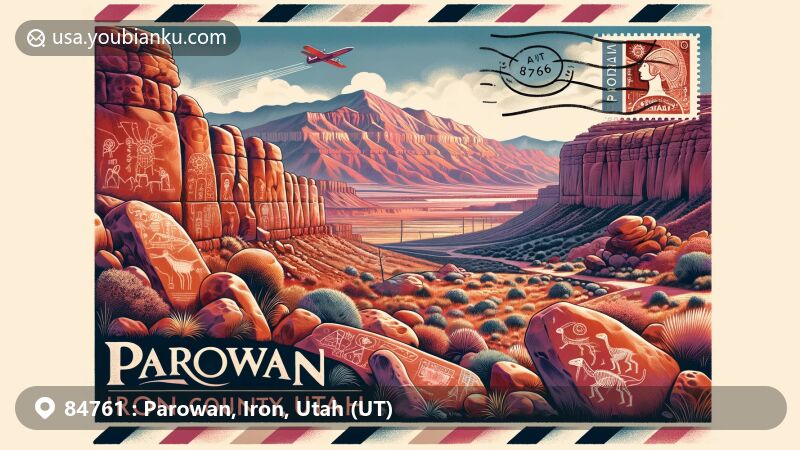 Vibrant illustration of Parowan, Iron County, Utah, showcasing Parowan Gap's petroglyphs and geological formations, set against Red Hills backdrop and featuring dinosaur footprints, vintage stamp, postal mark 'Parowan, UT 84761', and airmail border.