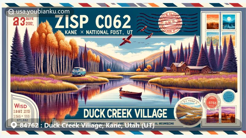 Modern illustration of Duck Creek Village, Kane County, Utah, with Aspen Mirror Lake and Dixie National Forest, showcasing postal theme with postmark 'Duck Creek Village, UT 84762' and vintage postal elements.
