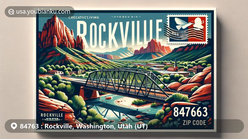 Modern illustration of Rockville, Utah showcasing lush green hills and stunning red rock formations, with a unique airmail envelope featuring historical steel truss bridge over Virgin River symbolizing town's charm and history, integrated with elements representing outdoor activities like hiking and nearby national parks.