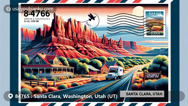 Modern illustration of Santa Clara, Utah, showcasing postal theme with ZIP code 84765, featuring red rock formations and the Jacob Hamblin Home.