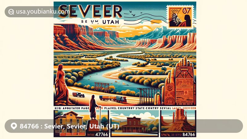 Modern illustration of Sevier, Utah, showcasing the high plateau country and Sevier River in the 84766 ZIP code area, with surrounding mountain ranges and cultural relics from Fremont Indian State Park.