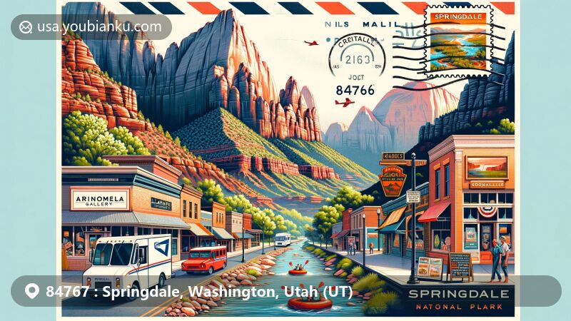 Modern illustration of Springdale, Utah, highlighting proximity to Zion National Park with ZIP code 84767, featuring iconic views like Angel's Landing and The Narrows, David J. West Gallery, LaFave Gallery, and Sorella Gallery representing local art and culture.