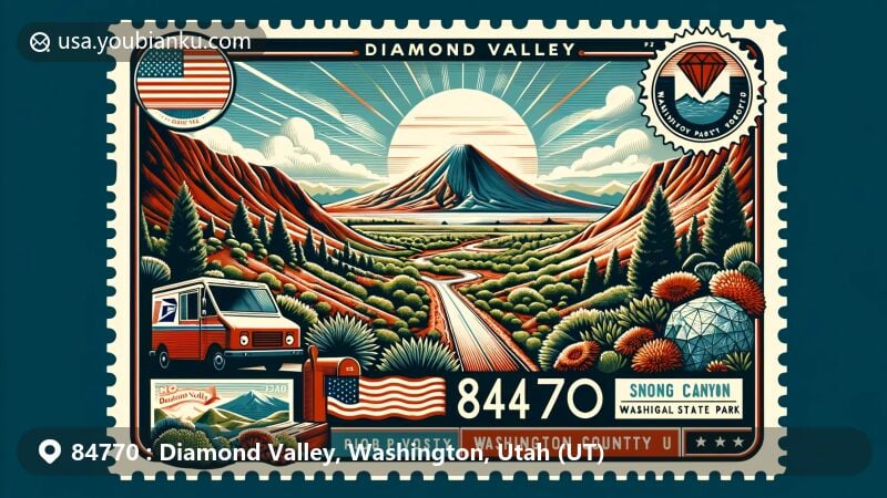 Modern illustration of Diamond Valley, Washington County, Utah, highlighting ZIP code 84770, featuring Santa Clara Volcano, Snow Canyon State Park, and postal elements like a postcard frame, Utah state flag, Washington County outline, stamp, postmark, and mailbox.