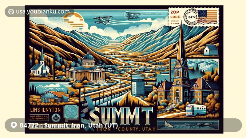 Modern illustration of Iron Canyon, Summit, Iron County, Utah, highlighting natural beauty and postal theme with ZIP code 84772, featuring iconic landscape at 6,719 feet, vintage airmail envelope with Utah state flag stamp.
