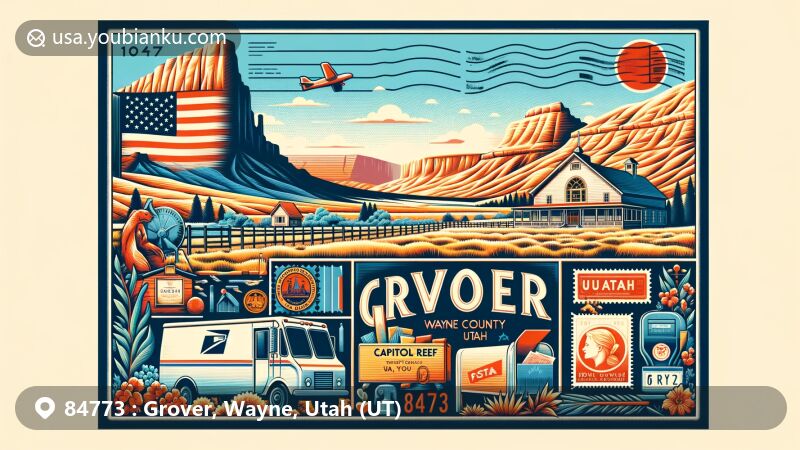 Modern illustration of Grover, Wayne County, Utah, showcasing postal theme with ZIP code 84773, featuring Capitol Reef National Park and Boulder Mountain, incorporating red rock landscapes, ranching heritage, vintage postal elements, and Utah state flag.