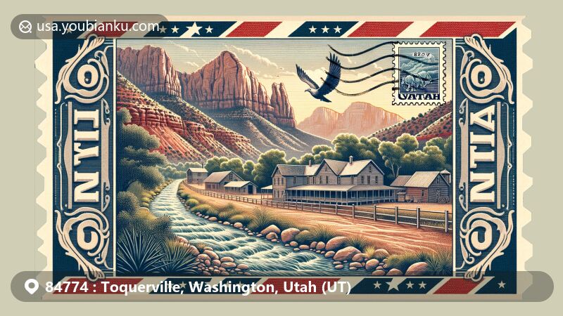 Modern illustration of Toquerville, Utah, showcasing scenic views of Ash Creek, sandstone cliffs of Zion National Park, Naegle Winery, vintage air mail envelope design with ZIP code 84774, Utah state flag stamp, and postal mark with the year 1858.