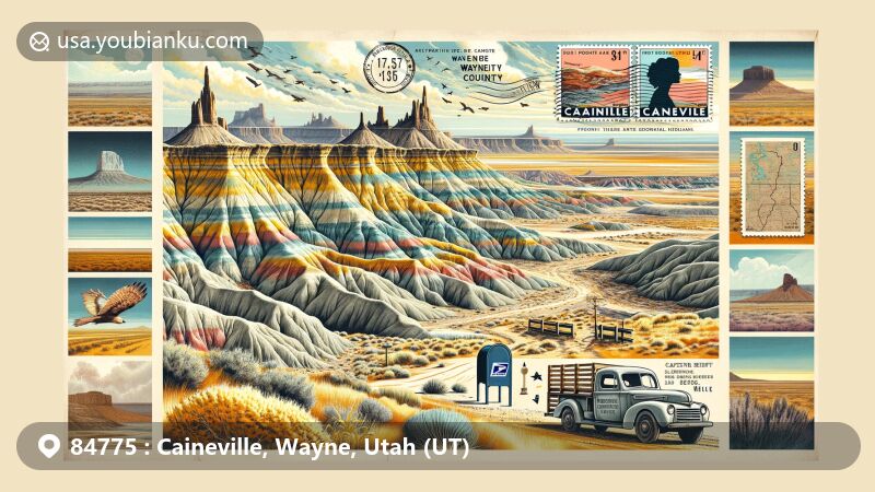 Modern illustration of Caineville, Wayne County, Utah, with distinctive geological features and postal theme, showing Mancos Shale mesas, Bentonite Hills from Jurassic Period, and Sci-fi-like terrain.