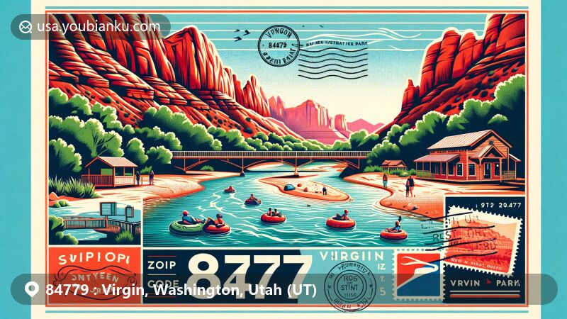 Vibrant illustration of Virgin, Utah, representing ZIP code 84779, with artistic abstract concept of network error.