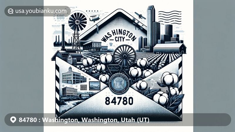 Modern illustration of Washington City, Washington County, Utah, featuring ZIP code 84780 with prominent cotton mill silhouette, cotton plants, stamps, and postmark.