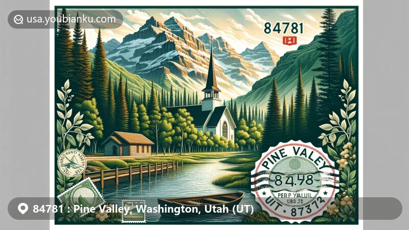 Modern illustration of Pine Valley, Utah, showcasing natural beauty and landmarks, including Wasatch Mountains, Pine Valley Chapel, and postal themes with vintage air mail envelope, stamps, and postal mark for ZIP code 84781.