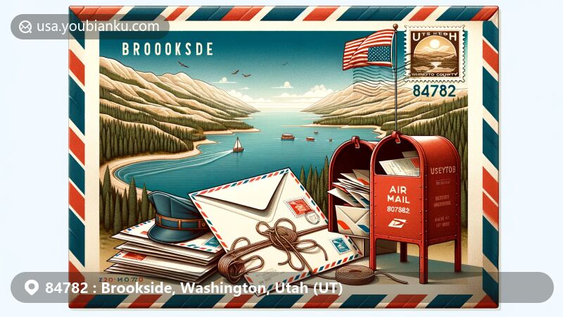 Modern illustration of Brookside near Veyo, Washington County, Utah, celebrating ZIP code 84782, featuring Baker Reservoir, Utah state flag, vintage air mail elements, and iconic Utah landscapes.