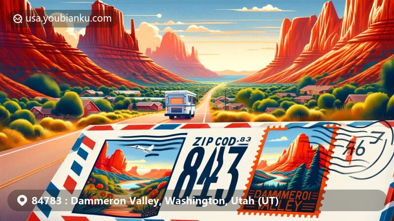 Modern illustration of Dammeron Valley, Washington County, Utah, capturing the essence of ZIP code 84783 with vibrant red rock landscapes, town charm, and outdoor activities like hiking and biking.