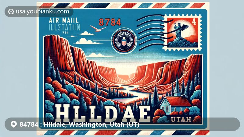 Modern illustration of Hildale, Utah, showcasing postal theme with ZIP code 84784, featuring picturesque canyons, tall cliffs, Utah state flag, and iconic landmark along Utah State Route 59.