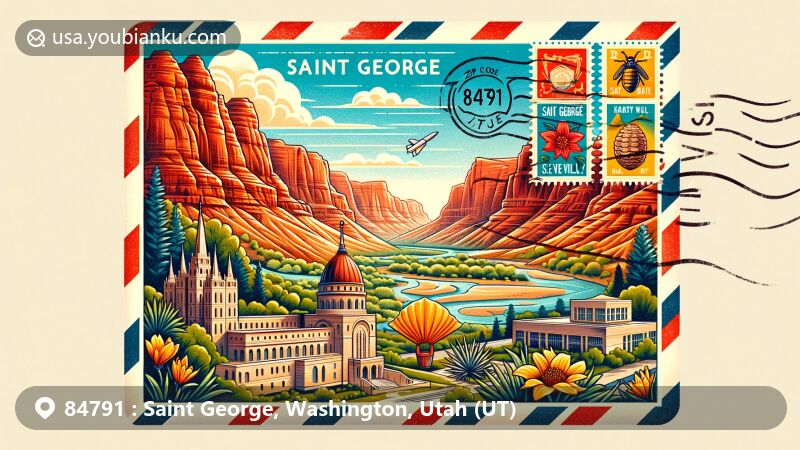 Vintage-style illustration of Saint George, Utah, highlighting landmarks like Snow Canyon State Park and St. George Temple, and cultural elements like Kayenta Art Village, featuring Utah state symbols.