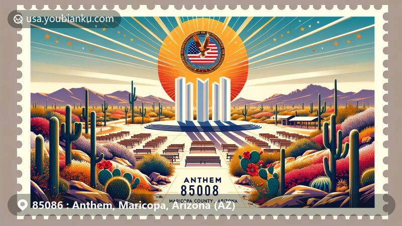 Modern illustration of Anthem, Maricopa County, Arizona, highlighting vibrant desert landscape, Anthem Veterans Memorial, local flora, and outdoor recreation, with integrated postal theme showcasing ZIP code 85086 and community symbols.