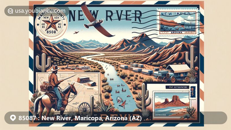 Modern illustration of New River, Arizona, ZIP code 85087, showcasing small-town charm against desert landscapes and New River Mountains, with a creative fusion of postal theme. Envelope overlay reveals scenic views and map of Maricopa County. Features Wranglers Roost Stagecoach Stop, Gavilan Peak, and outdoor activities like hiking.