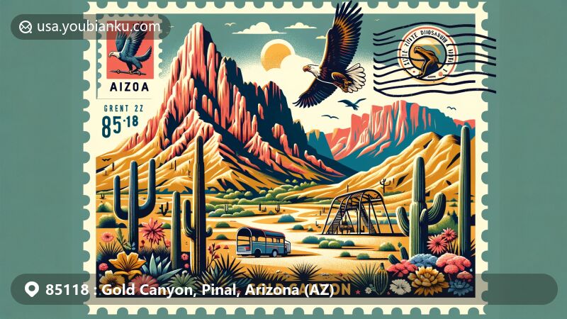 Modern illustration of Gold Canyon, Pinal County, Arizona, with Superstition Mountains backdrop, showcasing Lost Goldmine Trail and local flora and wildlife, featuring postal theme with vintage airmail envelope and ZIP code 85118.