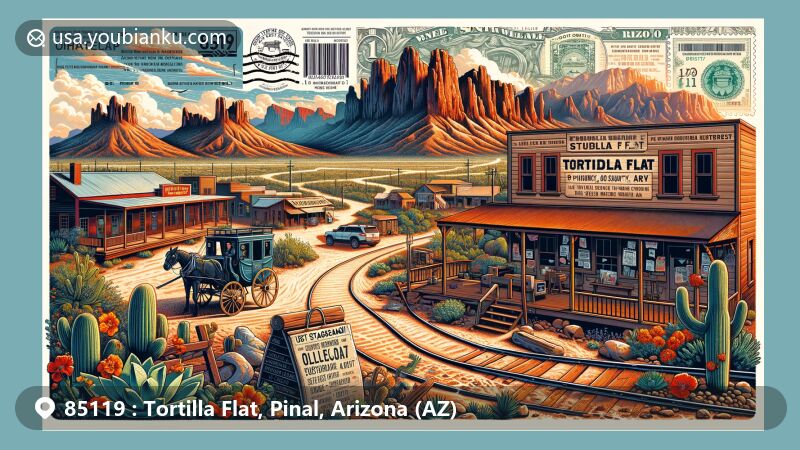 Modern illustration of Tortilla Flat, Pinal County, Arizona, showcasing postal theme with ZIP code 85119, featuring Superstition Mountains, stagecoach stop, Sonoran Desert flora and fauna, wooden buildings, and Apache Trail.