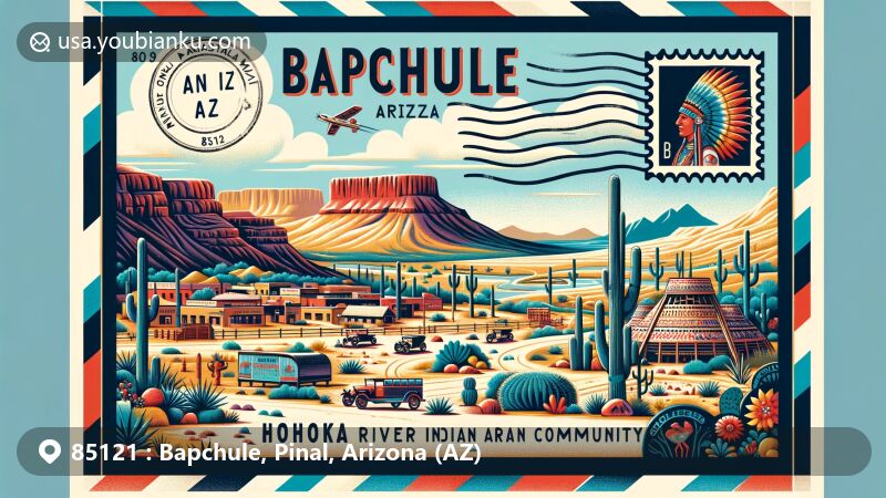 Modern illustration of Bapchule, Pinal, Arizona, showcasing postal theme with ZIP code 85121, featuring Gila River Indian Community cultural elements, desert landscapes, and postal symbols.