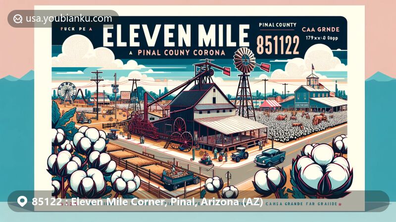 Modern illustration of Eleven Mile Corner, Pinal County, Arizona, highlighting rural and agricultural heritage with cotton gins and Pinal County Fairgrounds, symbolizing community gatherings and celebrations.