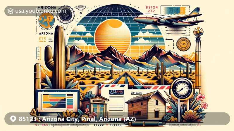 Modern illustration of Arizona City, Pinal County, Arizona, highlighting postal theme with ZIP code 85123, featuring Sonoran Desert, Casa Grande Mountains, and Corona Satellite Program target.