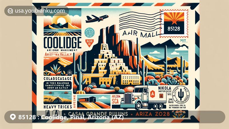 Modern illustration of Coolidge, Arizona, showcasing postal theme with ZIP code 85128, featuring Casa Grande Ruins and local geography.
