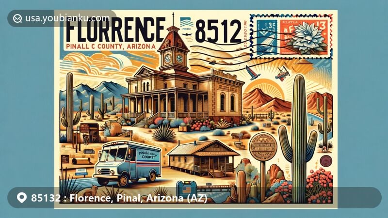 Modern illustration of Florence, Pinal County, Arizona, showcasing ZIP code 85132, featuring Pinal County Courthouse, McFarland State Historic Park, Sonoran Desert landscape, saguaro cacti, and Old West elements.