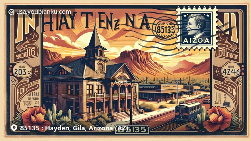 Vintage postcard-style illustration of Hayden, Arizona, in Gila County, highlighting iconic Hayden Public Library amidst Arizona's desert landscape, depicting postal themes and a vibrant sunset.