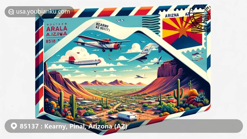 Modern illustration of Kearny, Arizona, showcasing postal theme with ZIP code 85137, featuring desert landscapes, Pinal Mountains, Arizona state symbols, vintage postage stamp, and air mail concept.