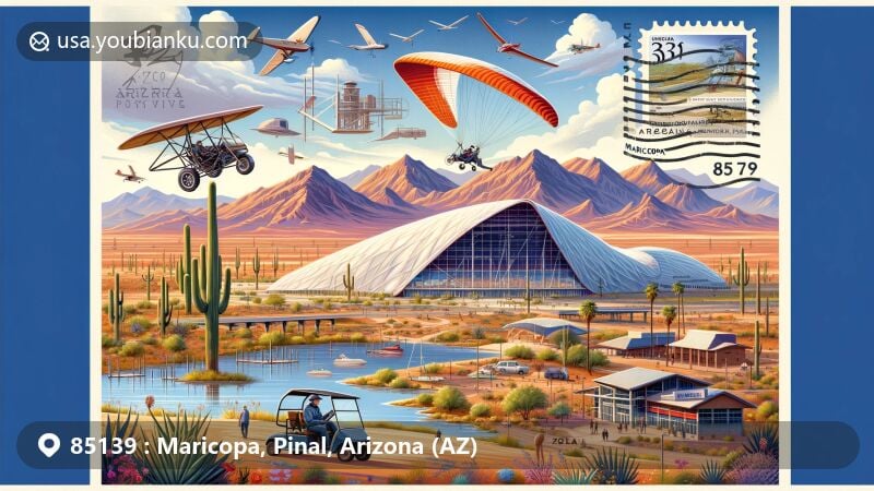 Vibrant depiction of Maricopa, Arizona, with Dwarf Car Museum, Sonora Wings Hang Gliding, Copper Sky Regional Park, and Koli Equestrian Center, set in the Sonoran Desert, complemented by a postal stamp with ZIP code 85139.