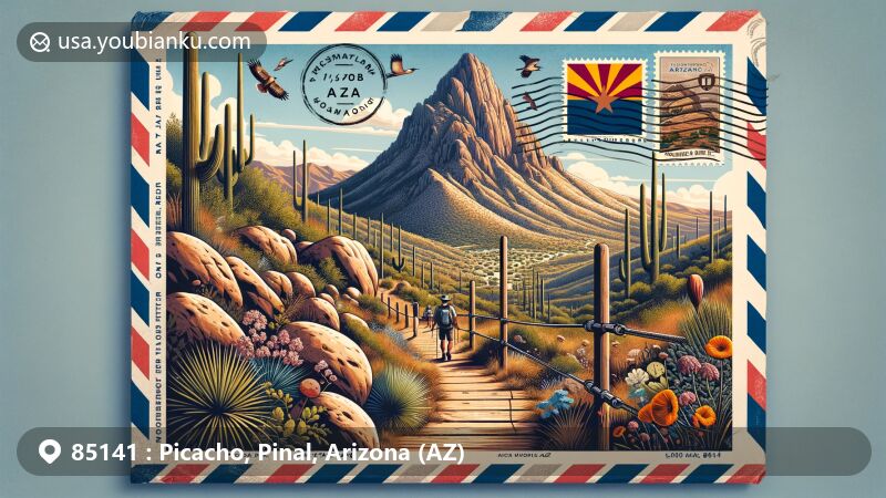 Modern illustration of Picacho Peak State Park, Pinal County, Arizona, showcasing iconic 1,500-foot peak in Sonoran Desert with hikers, wildlife, and vintage air mail envelope.