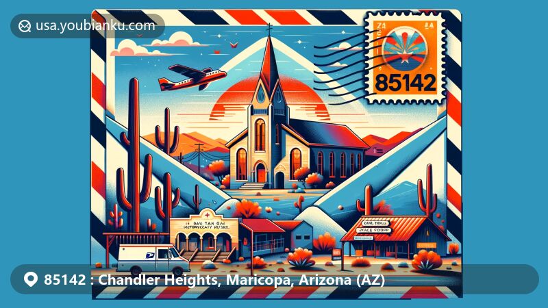 Modern illustration of Chandler Heights, Maricopa County, Arizona, blending postal elements with local landmarks and cultural symbols, featuring vintage air mail design with Arizona state flag stamp, '85142' ZIP code, San Tan Historical Society Museum, Our Lady of Guadalupe, and Desert Wells Stage Stop in desert landscape.
